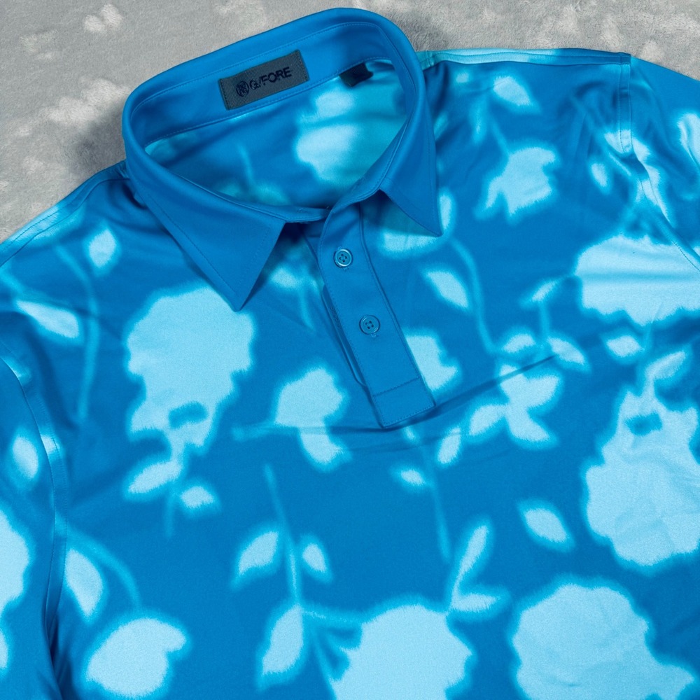 G/FORE Polo Shirt Mens Large Blue Floral All Over Print Short Sleeve Golf Tee